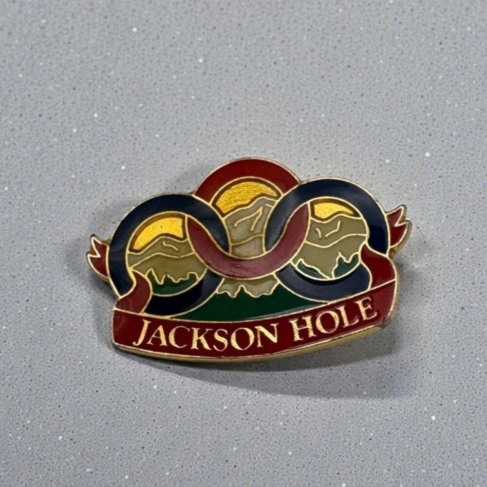 Jackson Hole Enamel Pin Gold Tone Souvenir Mountain Landscape Accent